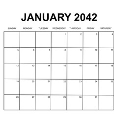 january 2042. monthly calendar design. week starts on sunday. printable, simple, and clean vector design isolated on white background.