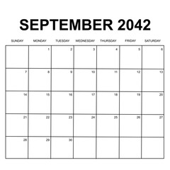 september 2042. monthly calendar design. week starts on sunday. printable, simple, and clean vector design isolated on white background.