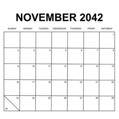 november 2042. monthly calendar design. week starts on sunday. printable, simple, and clean vector design isolated on white background. - obrazy, fototapety, plakaty