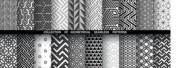 Geometric set of seamless black and white patterns. Simple vector graphics.