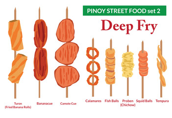 Pinoy Street Food part 2 Deep Fry  Set concept. Editable Clip Art.