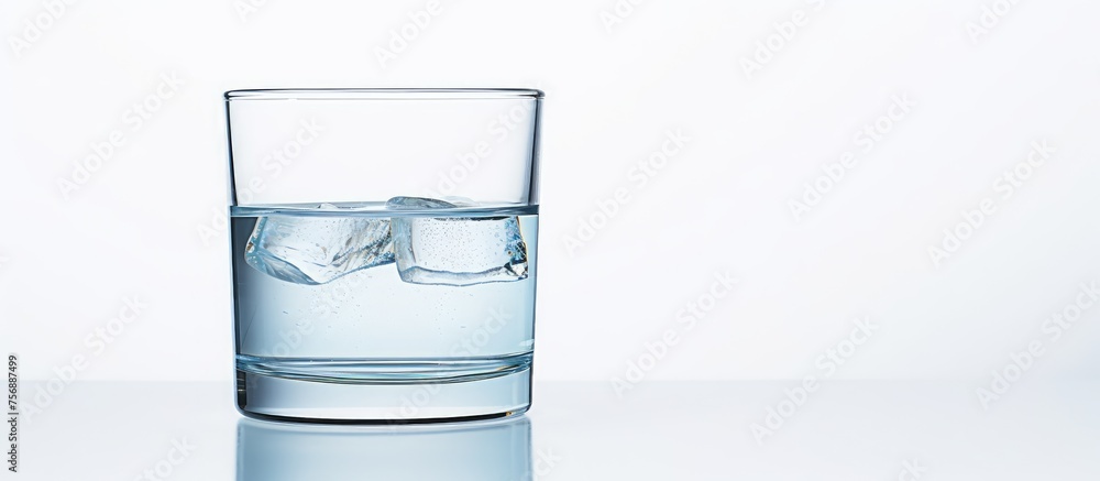 Poster a rectangle glass containing a solution of liquid water with ice cubes, placed on a table as a refre