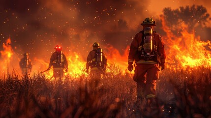 Wildfire containment efforts by animated firefighter squads in 3D, a battle against nature - obrazy, fototapety, plakaty