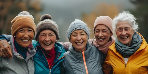 A group of older women having fun and staying fit together. Concept Active Seniors, Fitness Community, Women's Health, Socializing, Healthy Aging - obrazy, fototapety, plakaty