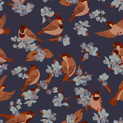 vector seamless pattern with drawing birds and flowers at dark blue background, hand drawn sparrows, natural cover design
