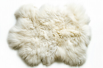 A white, fluffy, Merino wool, Australian sheepskin rug on a white isolated white background.  