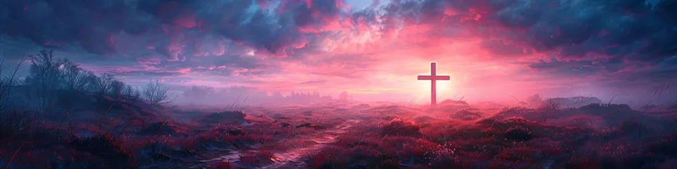 Fotobehang Cross on Calvary mountain at sunset. Resurrection. Crucifixion of Jesus Christ at sunrise. Easter morning, Good Friday. Religion and christianity concept © ratatosk