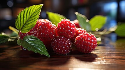 Delicious fresh raspberries on blur background