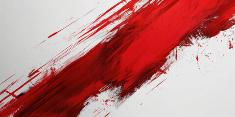 Red paint splatter on white background with white line in center, abstract artistic backdrop with vibrant colors and contrast
