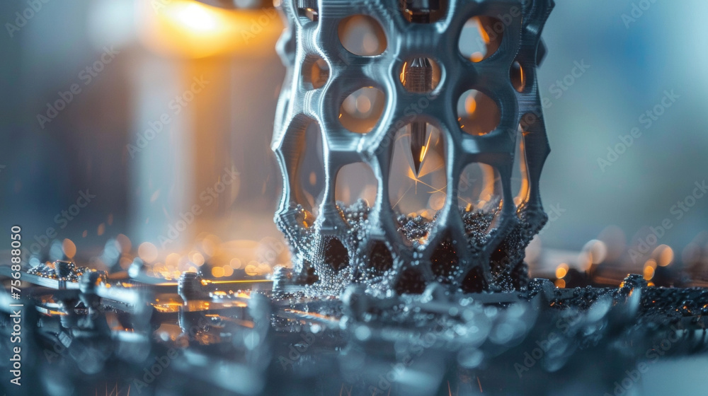 Poster tiny particles of metal powder being delicately fused together by a laser creating intricate and pre