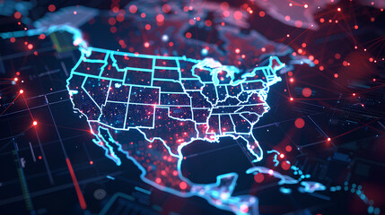 Digital map of USA, concept of North America global network and connectivity, data transfer and cyber technology, information exchange and telecommunication  - obrazy, fototapety, plakaty