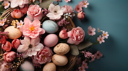 Easter day background with egg ornaments, flowers and minimalist background colors