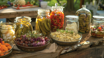 Jars of pickled vegetables olives and artichoke hearts add a savory touch to the picnic spread.