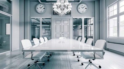 Spacious Modern Conference Room with Large Table, Comfortable Chairs, and Bright Windows,...