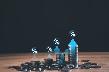 Interest rate increase concept. Business value percentage and up arrow investment, Interest rate...