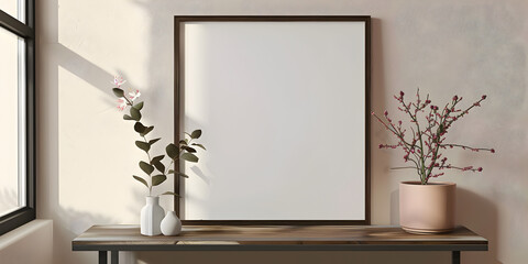  picture frame mock-up on wall in modern interior Many different wooden frames leaning against wall and vase with pampas.