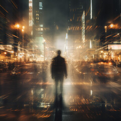 Mysterious Silhouette Walking in a Blurred City at Night

