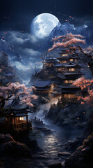 Enchanted Moonlit Japanese Pagoda Scene with Cherry Blossoms

