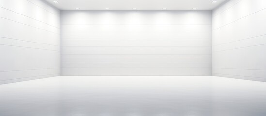 The rectangular room has grey tints and shades on the white walls and floor. It resembles an automotive design with a monochrome photography feel