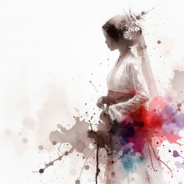 Indonesian girl wearing traditional clothes in splash ink painting with Generative AI.