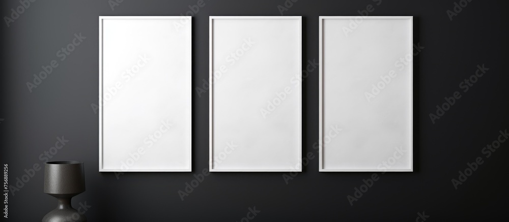 Poster three white rectangular frames are displayed on a black wall, creating a striking visual contrast. t
