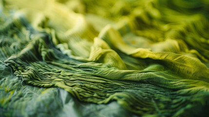 A macro closeup of algaederived fabric being dyed with natural pigments adding a burst of vibrant color to the otherwise muted green fabric. The dye seeps into the fibers