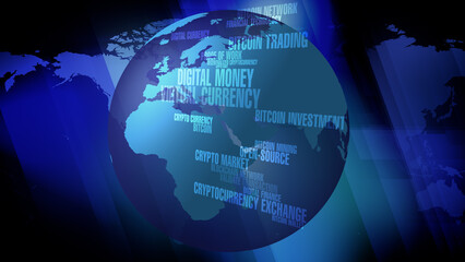 Digital finance bitcoin and crypto currency on world map show future of financial investment