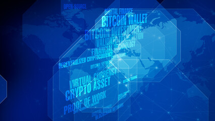 Cryptocurrency rising growth on world map proof of work opportunity for digital finance and bitcoin trading