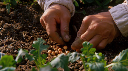 Naklejka na ściany i meble A closeup of a persons hands planting seeds into a small garden bed promoting the benefits of growing ones own food for a sustainable and nutritious lifestyle.