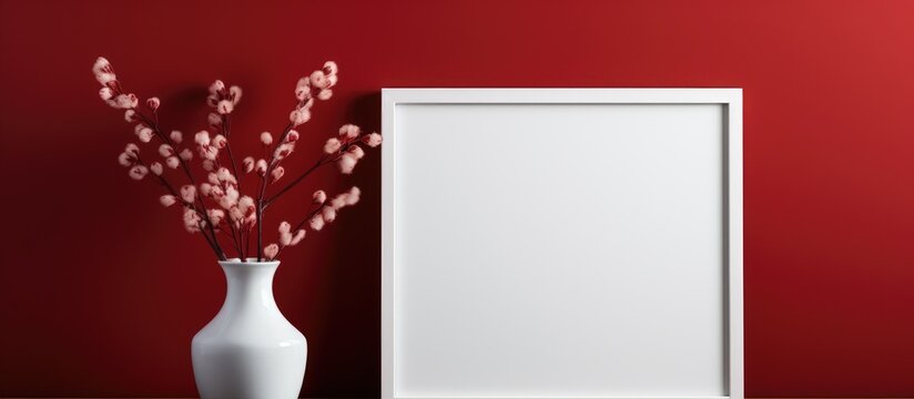 A white flowerpot with magenta flowers sits next to a picture frame on a red wall. The delicate petals contrast against the vibrant backdrop, creating a beautiful tableau