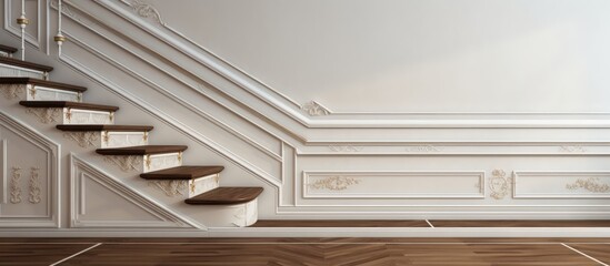 A wooden staircase is situated in the corner of the room, adding a touch of warmth to the space....