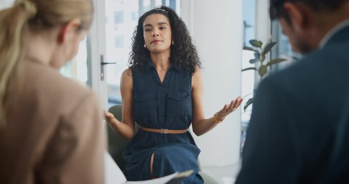 Meeting, recruitment or woman in job interview with business people in office talking in negotiation. Explain, managers or person speaking to hr for hiring opportunity in discussion or communication