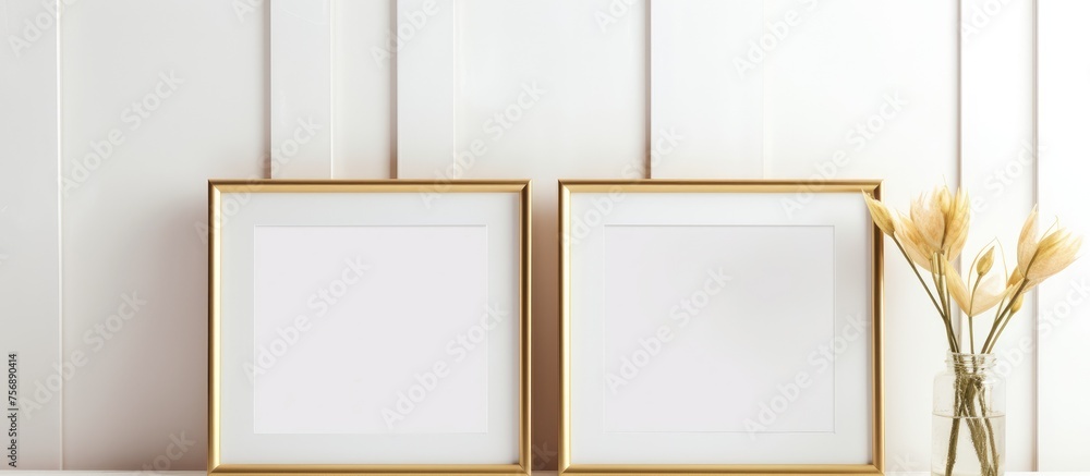 Aufkleber two rectangular picture frames made of wood are displayed on a table next to a vase of dried grass. 