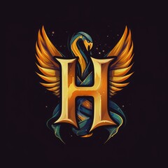 H letter with wings and fire flame on dark background.