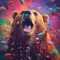 Bear with falling petals and confetti. Colorful background.