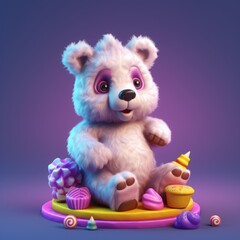 Cute bear with birthday cake and candies. 3d rendering