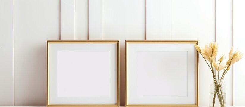 Two rectangular picture frames made of wood are displayed on a table next to a vase of dried grass. The frames showcase art with various tints and shades, adding elegance to the room