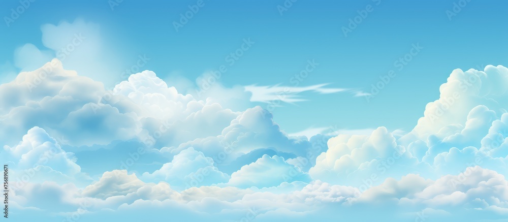 Canvas Prints A picturesque natural landscape with a clear sky filled with fluffy white cumulus clouds against an electric blue background. The horizon is beautifully framed by this meteorological phenomenon