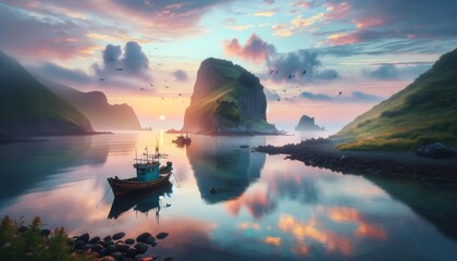 Tranquil Dawn at Dokdo Island: Fishing Boat in Calm Waters with Lush Green Hills and Soft Sunrise Hues - obrazy, fototapety, plakaty