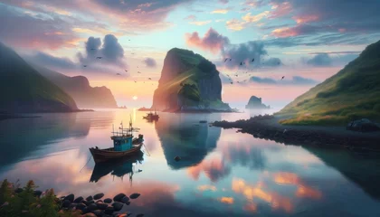 Fotobehang Tranquil Dawn at Dokdo Island: Fishing Boat in Calm Waters with Lush Green Hills and Soft Sunrise Hues © Ross