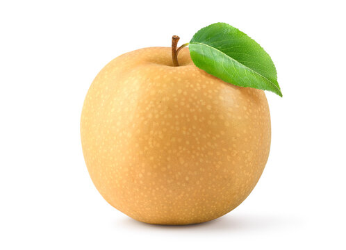 Fresh Asian pear with leaf isolated on white back. Clipping path.