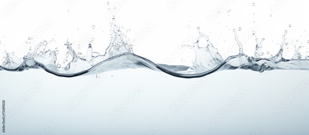 Poster a close up of a freezing winter wave on a white background, resembling a transparent material. the w
