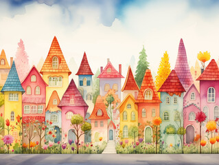 The illustrations are watercolor paintings. Colorful city pictures are used to decorate and add beauty.
Medieval castle amidst lush greenery With the vast sky as the background