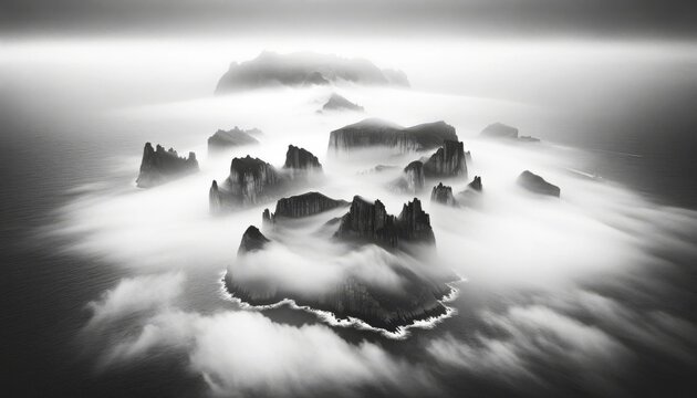 Black and White Aerial View of Dokdo: Dramatic Clouds and Mist Over Rugged Islands