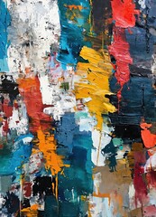 Abstract multicolor grunge painting with geometric shapes and brush strokes. Contemporary painting. Impressionism style. Oil on canvas. Modern poster for wall decoration