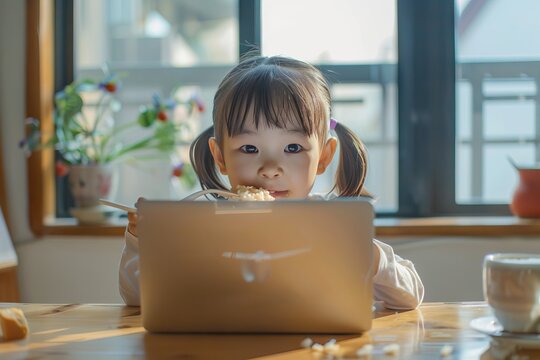 Asian Girl Eating In Front Of Laptop