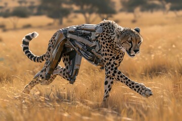 Armor Cyborg Cheetah Running In Savanna