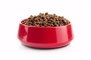 Dry cat food in a red bowl, isolated on white background
