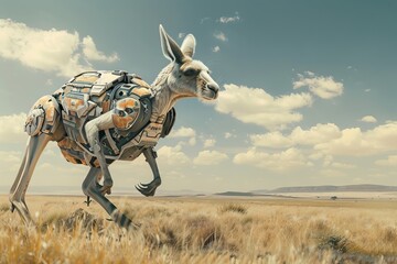 Robot Kangaroo Hopping In Savanna