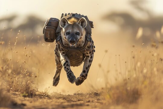 hyena cyborg with armor running in savanna